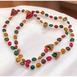 VTG African Fruit Seed Nut Necklace 45" Long Beaded Natural Colorful Boho Tribal